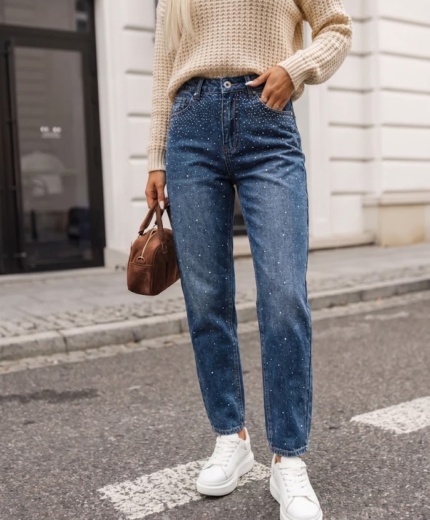 Mom Fit Hlače Peach Modre